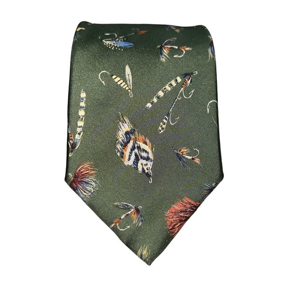 Mens Lands End 100% Silk Green Fishing Lures Vintage Inspired - Picture 2 of 6